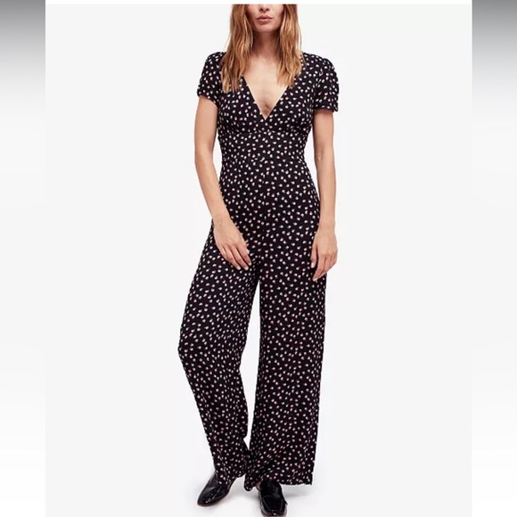 Free People Mia Black & Pink Rose Jumpsuit - Picture 1 of 11